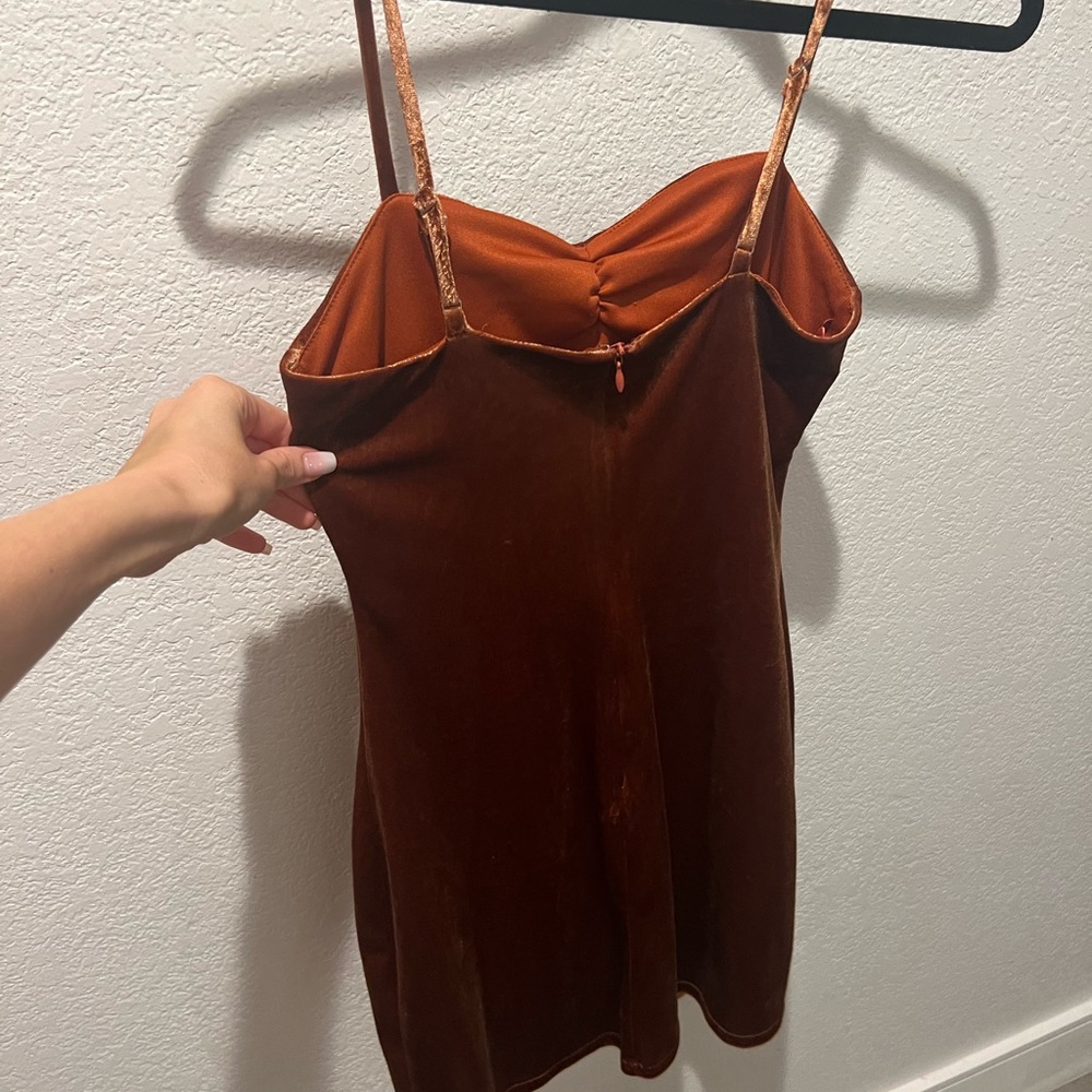 Caramel suede, mini, spaghetti strap dress. Size:S